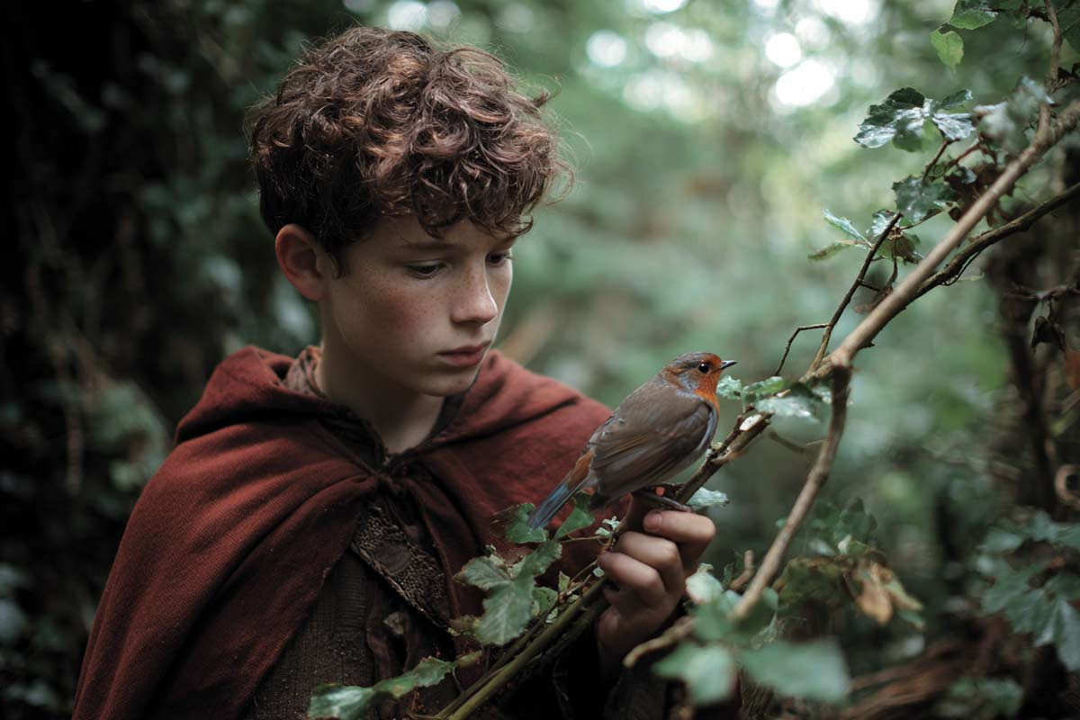 Junger Mensch in inniger Verbindung mit einem Rotkehlchen im Wald symbolisiert die Merlin-Kraft der Empathie und emotionalen Tiefe hochsensibler Menschen