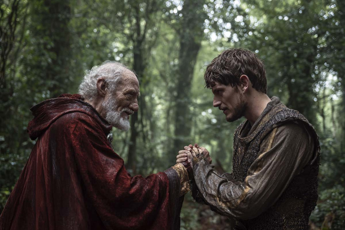 Alter Merlin übergibt seine Weisheit an einen jungen Mann im Wald und symbolisiert die Weitergabe der Merlin-Kräfte hochsensibler Menschen durch Generationen