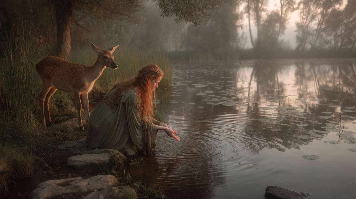 Viviane am nebligen Waldsee mit einem vertrauensvollen Reh symbolisiert die Merlin-Kraft der Tiefe und die intensive Verarbeitung hochsensibler Menschen