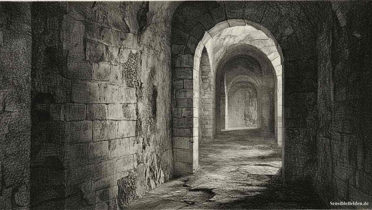 Steinerne Gewölbegänge mit Licht am Ende — Kupferstich-Illustration der „geheimen Hallen" aus der Heldenmethode von SensibleHelden.de