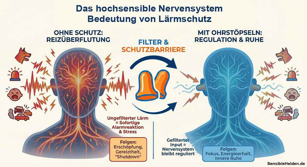 Infografik Vergleich: Hochsensibles Nervensystem bei Lärmbelastung ohne und mit Ohrstöpsel. Links zeigt ungefilterten Lärm, der zu Reizüberflutung und Stress führt (rot). Rechts wirken Ohrstöpsel als Filter, das Nervensystem bleibt reguliert und entspannt (blau).