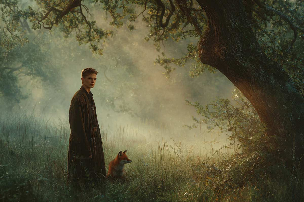 Heldenkraft IV: Die magische Wahrnehmung Junger Mann mit Fuchs im nebligen Wald symbolisiert die Merlin-Kraft der verfeinerten Sinneswahrnehmung und das Wahrnehmen des Unsichtbaren bei hochsensiblen Menschen