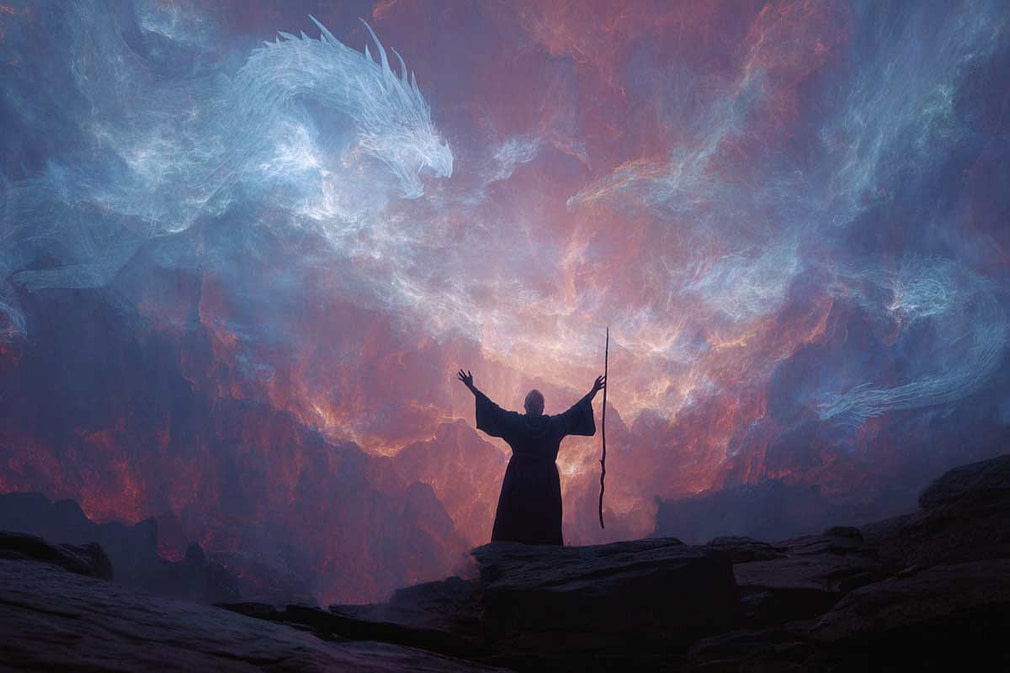 Die Vision auf dem Drachenberg Merlin auf dem Drachenberg mit ausgebreiteten Armen vor Drachenwolken symbolisiert die vollendete Heldenreise und aktivierte Vision hochsensibler Menschen