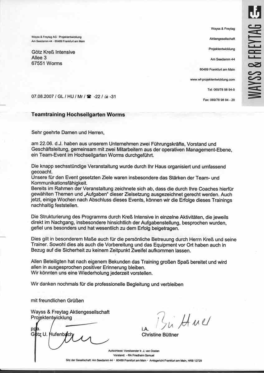 Nachhaltige Wirkung über den Tag hinaus Wayss & Freytag Frankfurt – Teamtraining Hochseilgarten Worms, nachhaltige Wirkung, Kommunikation stärken