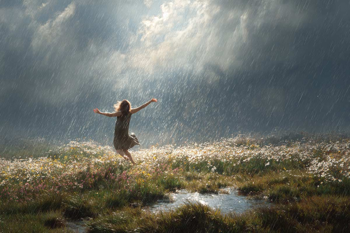 Heldenkraft II: Die Kunst der Balance Frau tanzt mit ausgebreiteten Armen im Regen auf sonnenbeschienener Blumenwiese als Symbol für die Merlin-Kraft der Balance und weisen Grenzsetzung hochsensibler Menschen