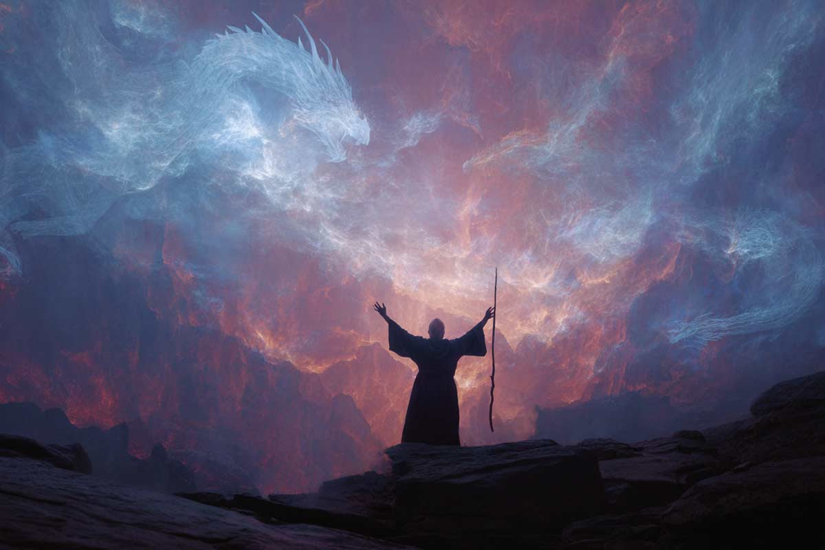 Die Vision auf dem Drachenberg Merlin auf dem Drachenberg mit ausgebreiteten Armen vor Drachenwolken symbolisiert die vollendete Heldenreise und aktivierte Vision hochsensibler Menschen