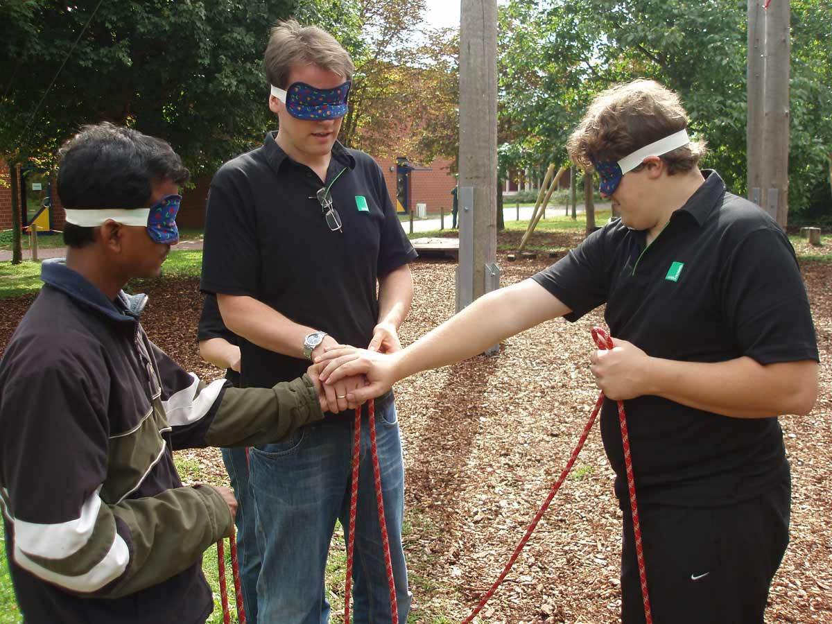 Augenbinden, Vertrauen, Abstimmungsaufgabe Outdoor Outdoor-Teamaufgabe mit Augenbinden – Achtsamkeit und Abstimmung trainieren