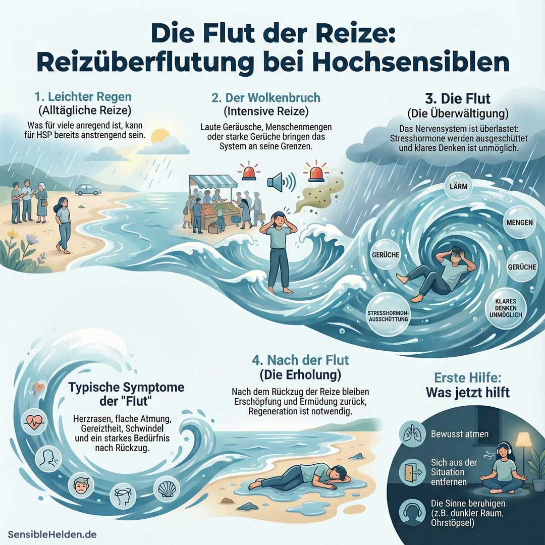 Die Flut der Reize: 4 Phasen der Reizüberflutung bei Hochsensiblen Reizüberflutung Hochsensible: Die 4 Phasen der Flut-Analogie von leichtem Regen über Wolkenbruch bis zur Überwältigung und Erholung. Infografik zeigt Symptome und erste Hilfe Maßnahmen.