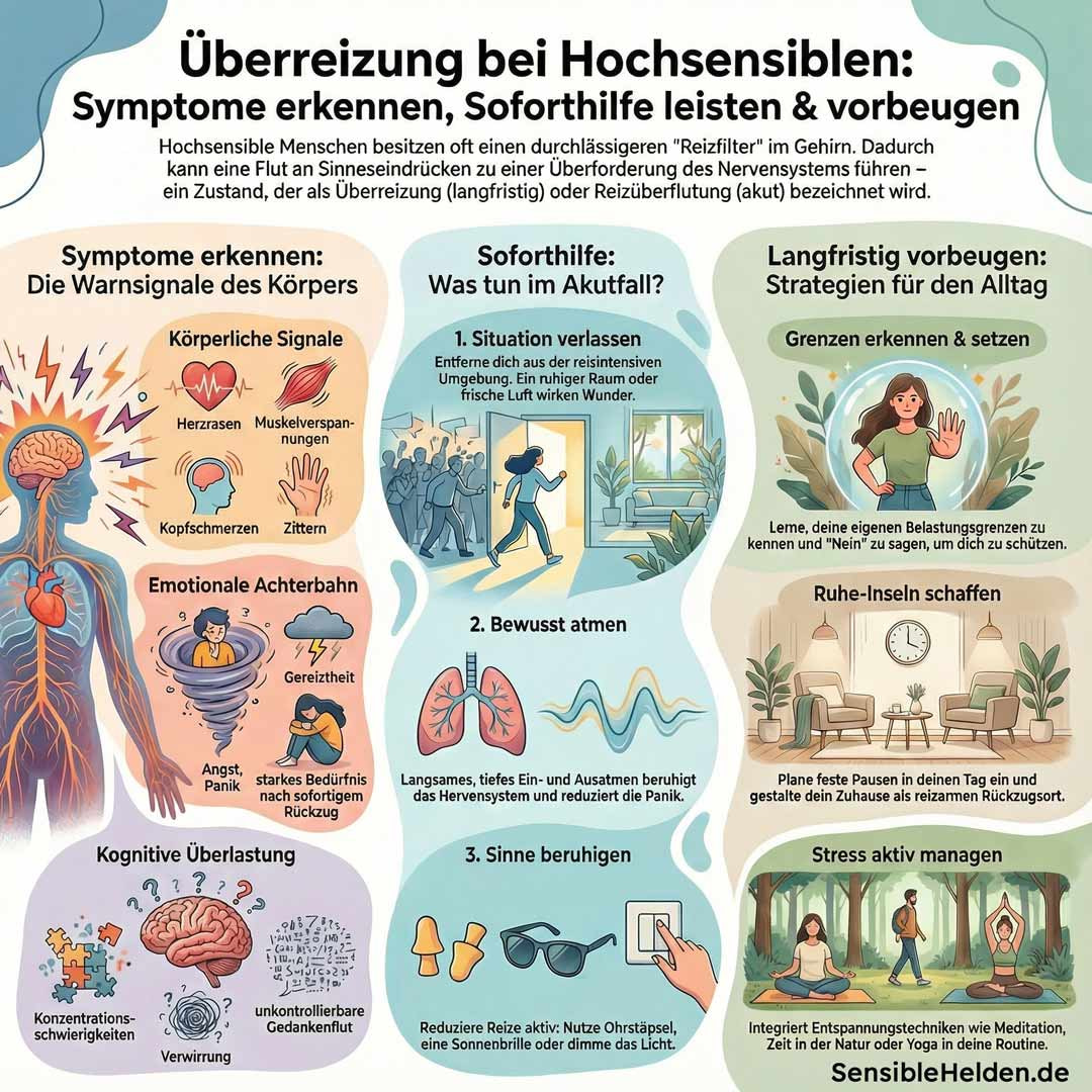 Überreizung bei Hochsensiblen: Symptome, Soforthilfe & Prävention Überreizung bei Hochsensiblen: Symptome erkennen, Soforthilfe leisten und langfristig vorbeugen. Infografik zeigt körperliche und emotionale Warnsignale, Akutmaßnahmen wie bewusst atmen und Situation verlassen, sowie Präventionsstrategien wie Grenzen setzen und Ruhe-Inseln schaffen.