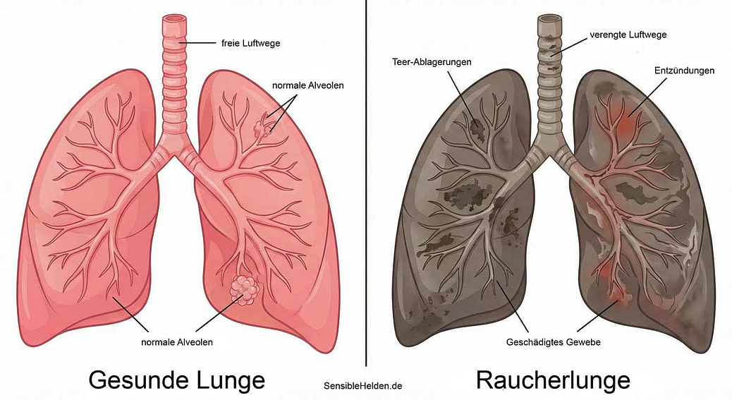 Medizinische Illustration im Vergleich: Links eine gesunde, rosafarbene Lunge, rechts eine dunkel verfärbte, geschädigte Raucherlunge nach etwa 10 bis 20 Jahren Konsum.