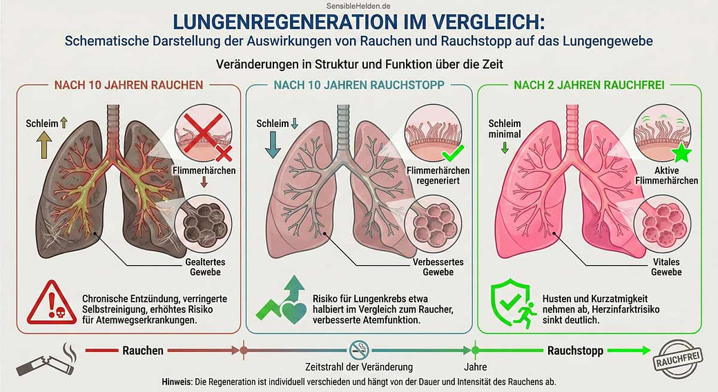 Lunge erholt sich nach Rauchstopp Infografik Zeitstrahl: Ablauf der Lungenregeneration nach dem Rauchstopp. Gezeigt werden die körperlichen Erholungsphasen von 20 Minuten bis zu 15 Jahren nach der letzten Zigarette.