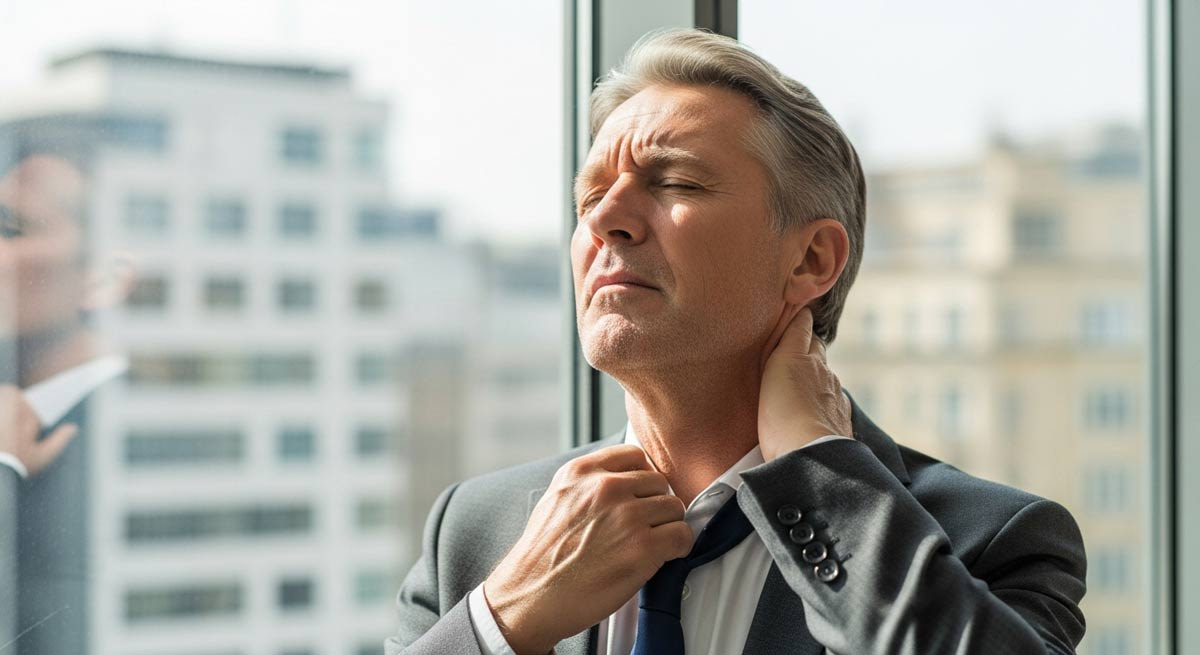 Erwachsene Person mit Kopfschmerzen und Erschöpfung als typische körperliche Symptome bei Hochsensibilität.