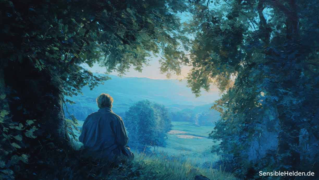 Traumreise für Erwachsene: eine Person sitzt ruhig an einem Waldrand und blickt auf eine helle Landschaft