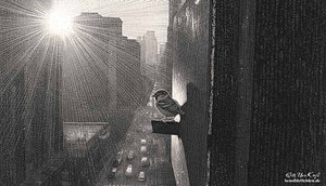 Ein kleiner Sperling sitzt auf einem Sims hoch über einer geschäftigen Großstadt — Illustration im Kupferstich-Stil von SensibleHelden.de zur Heldenmethode