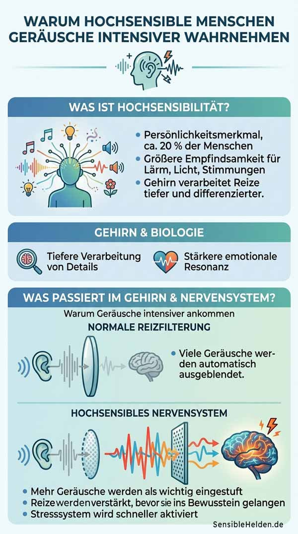 Warum hochsensible Menschen Geräusche stärker wahrnehmen Infografik zur Geräuschempfindlichkeit bei Hochsensibilität und zur Reizverarbeitung des Nervensystems